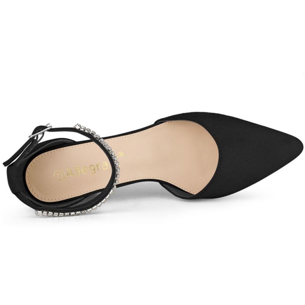 Pointed Toe Rhinestone Ankle Strap Black Chunky Heels Pumps - Picture 5 of 6